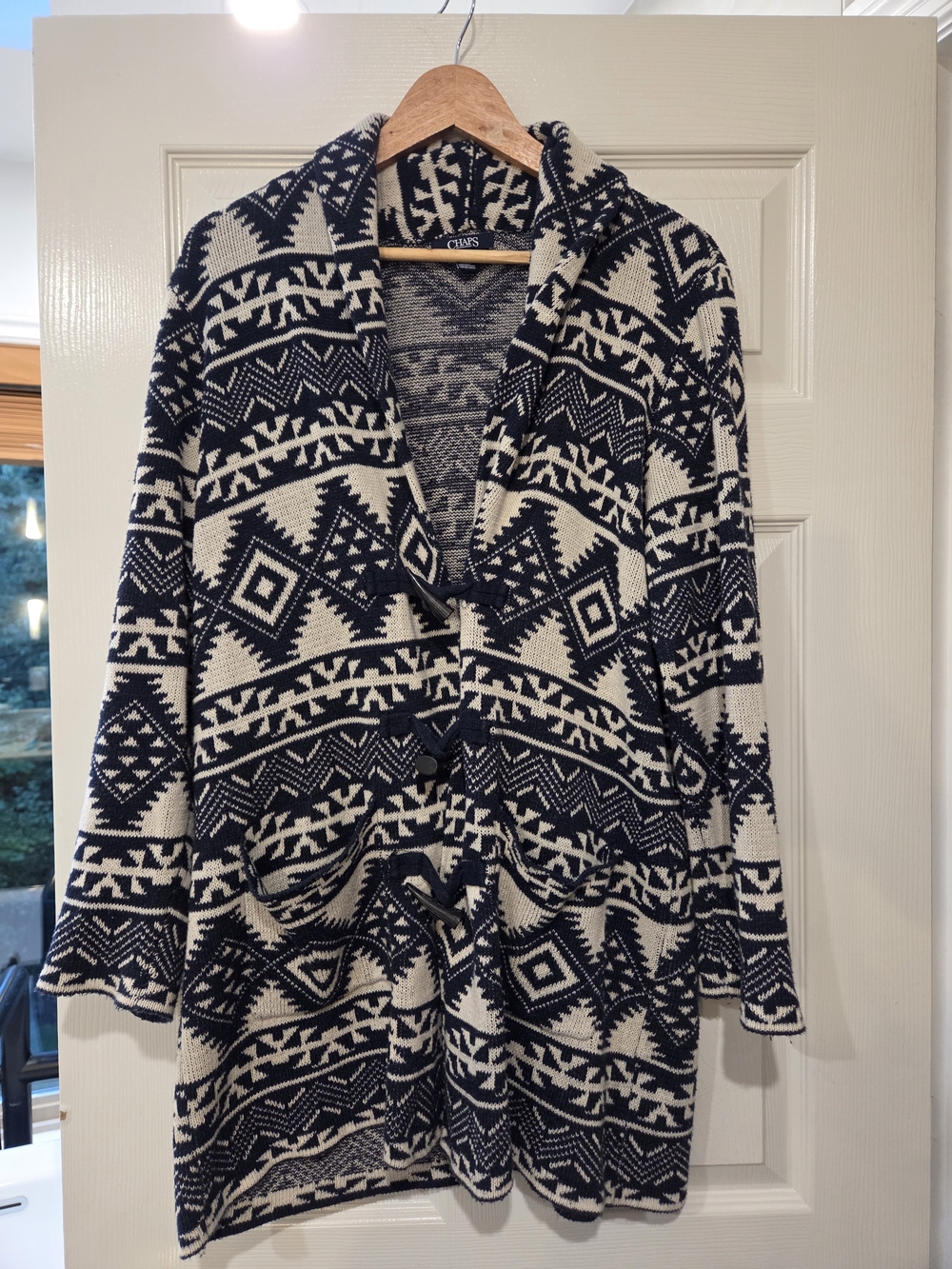 Chaps Southwestern Aztec Long Cardigan Sweater Coat One Size Navy Cream
